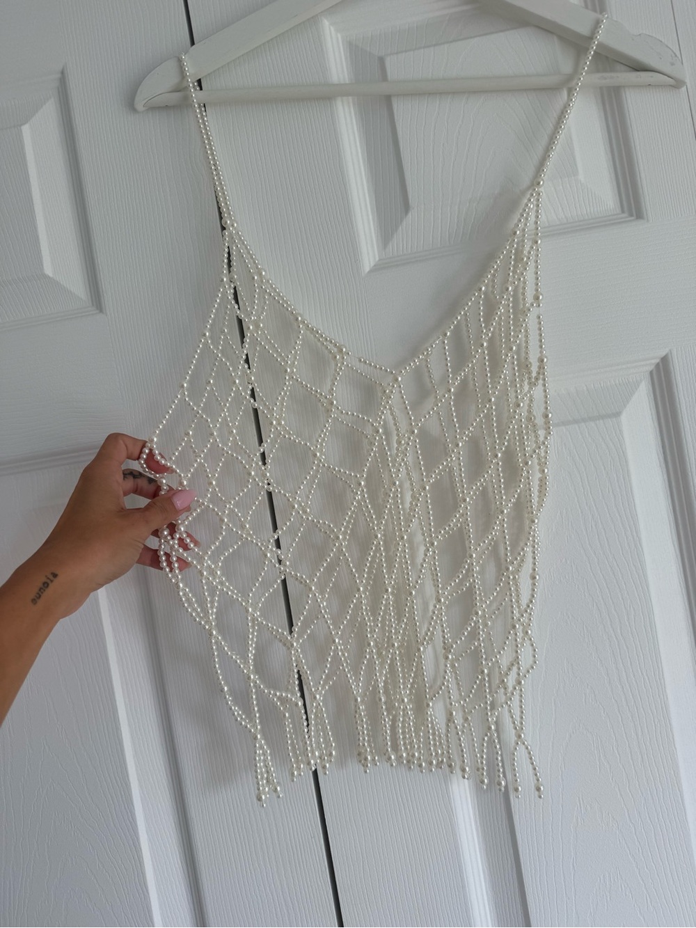 H&M Pearl Beaded Mesh Camisole Top in White